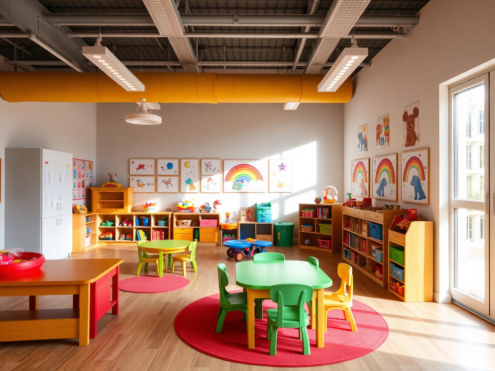 Colorful daycare classroom with bright toys and children's artwork